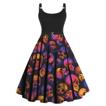 

Plus Size Halloween Psychedelic Skull Print A Line Dress Twisted Ring High Waist Dress, Multicolor a