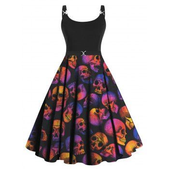Plus Size Halloween Psychedelic Skull Print A Line Dress Twisted Ring High Waist Dress