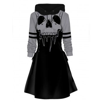 

Skull Print Hoodie Dress Lace Up Colorblock Mini Dress, Gray