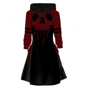 

Skull Print Hoodie Dress Lace Up Colorblock Mini Dress, Deep red