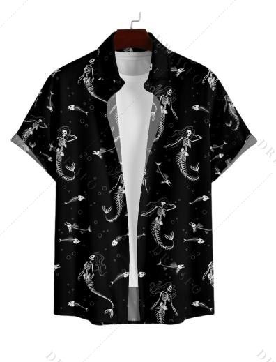 Chemise Décontractée Dinosaure Squelette Imprimés Boutonnée à Manches Courtes - Noir S