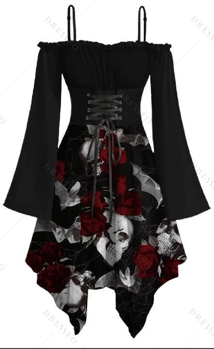 Robe gothique à imprimé tête de mort et rose, à lacets, épaules dénudées, mouchoir, pour Halloween - Noir XXXXL | US 18