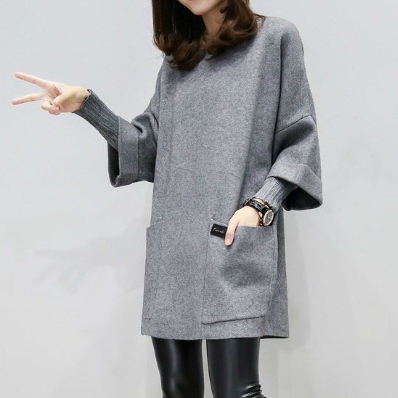 

Long Sleeve Loose Fake Two Pieces Dress, Grey