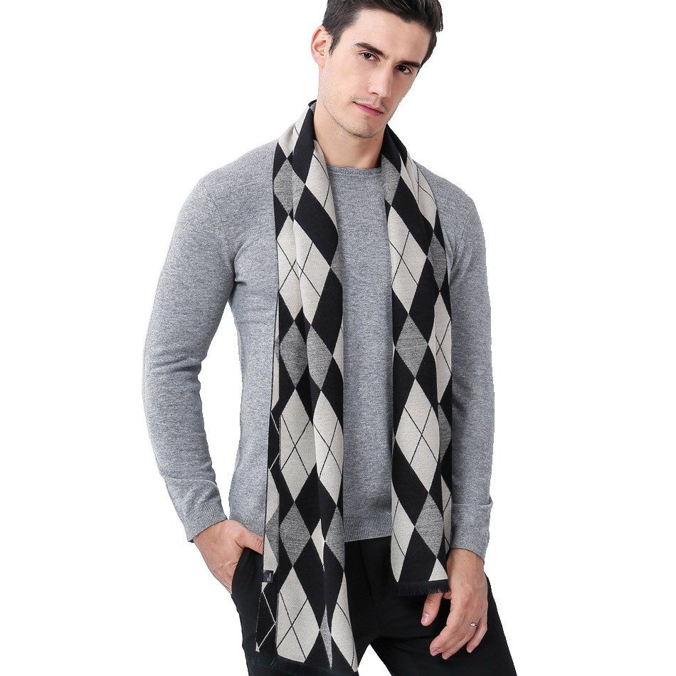 

Europe And The United States Autumn And Winter New Business Casual Diamond Lattice Tassel Men's Scarf Young Students Warm Scarf, Gray