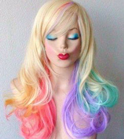 Fluffy ondulés synthétique coloré Ombre Mode longue Bang Side perruque pour les femmes - multicolore 
