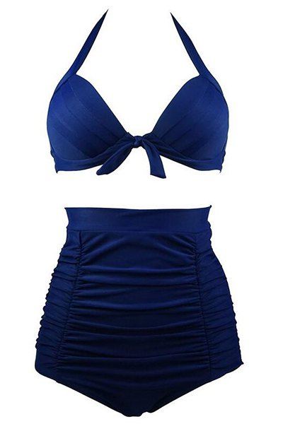 Solide Couleur taille haute Two-Piece Swimsuit de plissés femmes - Bleu profond 2XL
