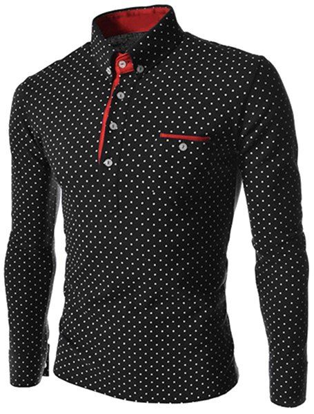 Turn-Down Collar Color Block Edging Long Sleeve Polka Dot Men's T-Shirt - Noir XL
