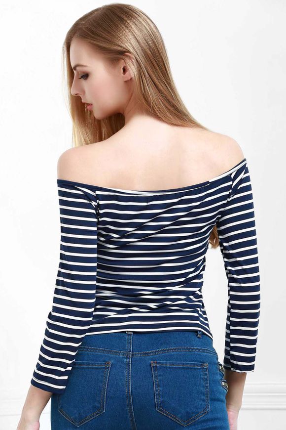 Stylish Off The Shoulder Striped Seamless Women's Top - Bleu S
