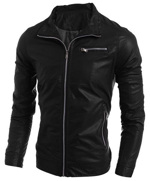 Simple Turn-Down Collar Multi-Pocket Long Sleeve Men's PU-Leather Coat - Noir L