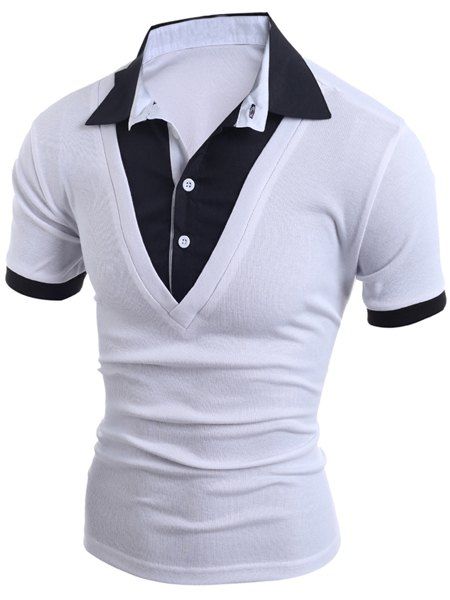 

Stylish Turn-Down Collar Faux Twinset Short Sleeve Men's T-Shirt, White