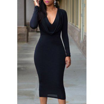 2018 Elegant V-Neck Long Sleeve Draped Bodycon Women's Black Dress ...