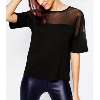 Women's Jewel Neck Short Sleeve See-Through T-Shirt, BLACK, S in Tees ...