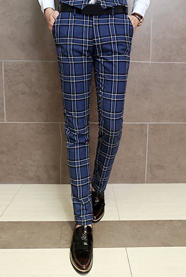 

Casual Slim Fit Zip Fly Long Plaid Pants For Men, Blue