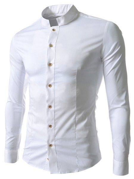 

Stand Collar Slim Fit Solid Color Long Sleeve Men's Shirt, White