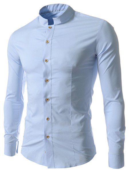 

Stand Collar Slim Fit Solid Color Long Sleeve Men's Shirt, Blue