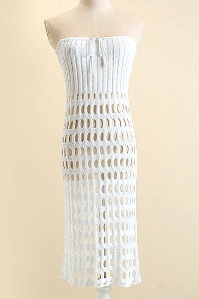 Sexy Women's Strapless Hollow Knitted Dress - Blanc ONE SIZE(FIT SIZE XS TO M)