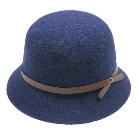 Chic PU Strappy Embellished Solid Color Women's Faux Wool Bucket Hat - Cadetblue 