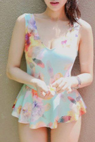 Attachant imprimé floral V-Neck manches Volants One-Piece Maillots de bain pour femmes - Bleu Glacé L