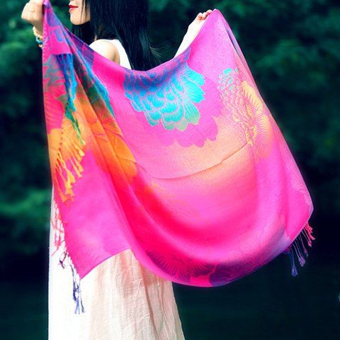 Chic Big Peony Pattern Tassel Pendant Bright Color Women's Pashmina - Rose 