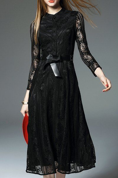

Elegant Women's 3/4 Sleeve Stand Collar Lace Belted Dress, Black