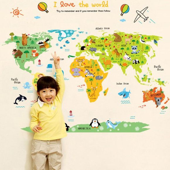 Haute Qualité Carte du monde Motif amovible Stickers muraux - multicolore 