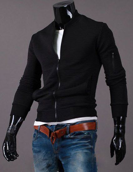 

Stand Collar Zipper Pocket Color Block Rib Splicing Long Sleeve Men's Zip Up Jacket, Black