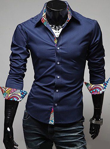 Col rabattu Colorful Imprimer shirt épissage manches longues hommes Slim Fit - Cadetblue 2XL
