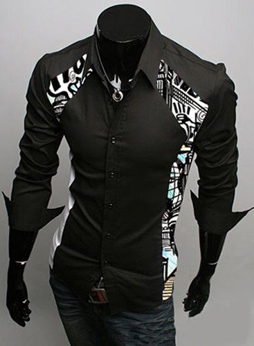 Slim Fit Tournez-Down Collar Color Block Imprimer shirt épissage manches longues hommes - Noir M