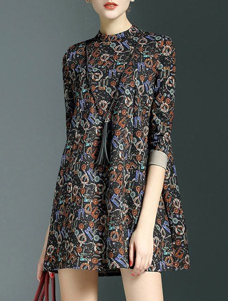 

Vintage 3/4 Sleeve Round Neck Loose-Fitting Printed Women's Dress, Colormix