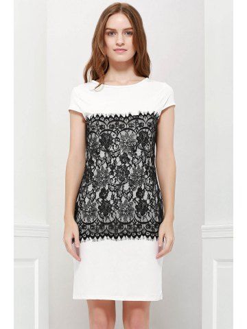 Stylish Round Collar Short Sleeve Bodycon Lace Spliced Women's Dress