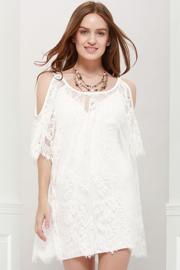 Ladylike Women's Scoop Neck Off-The-Shoulder Lace See-Through Dress - Blanc L
