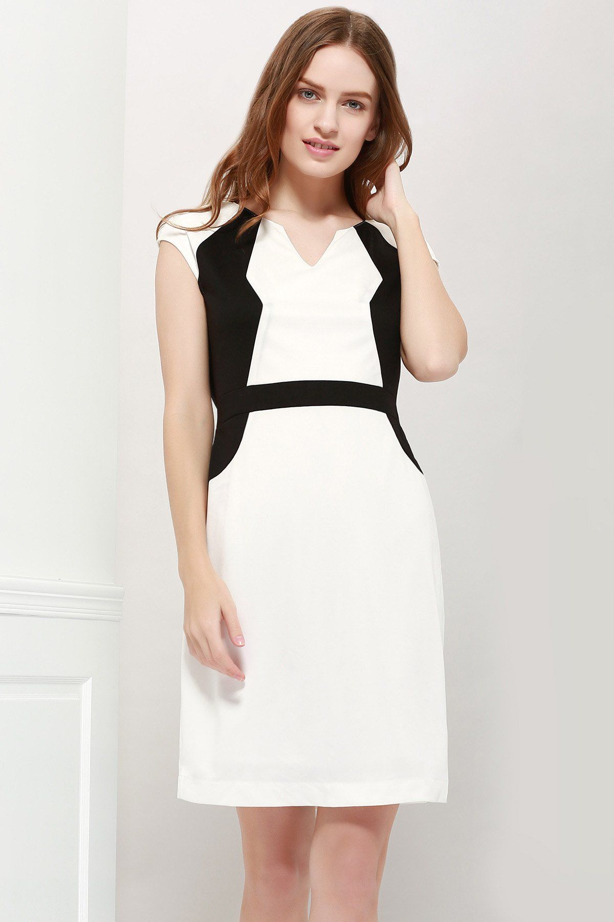 

Modern Style Sleeveless Polyester Color Block V-Neck Women's Dress, White and black