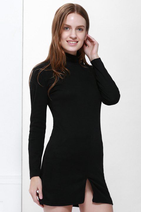 Slit Front Design Solid Color Packet Buttock Long Sleeve Turtleneck Pullover Dress