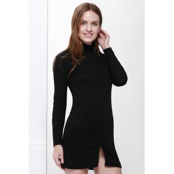 

Slit Front Design Solid Color Packet Buttock Long Sleeve Turtleneck Pullover Dress, Black