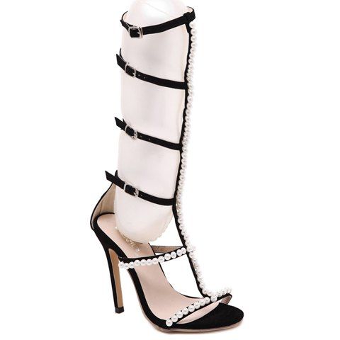 Fashion Faux Pearl et Boucles de conception sandales pour femmes - Noir 35
