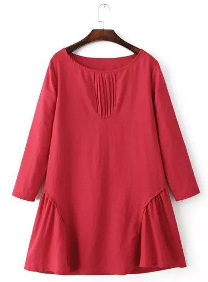 Stylish Women's Scoop Neck Long Sleeve Red Dress - Rouge L
