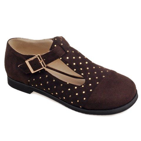 Casual Suede and T-Strap Design Women's Flat Shoes - marron foncé 38