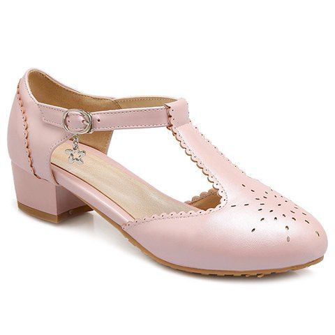 Casual T-Strap and Engraving Design Women's Flat Shoes - Rose 38