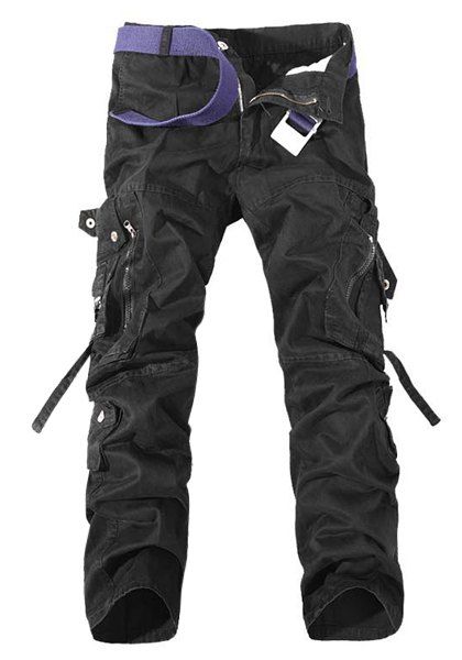 

Loose Fit Multi-Pocket Solid Color Zipper Fly Straight Leg Men's Cargo Pants, Black