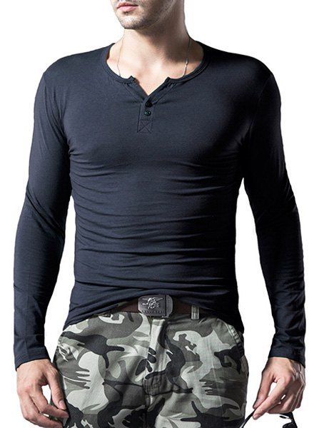 

Solid Color Button Embellished Round Neck Long Sleeves Men's T-Shirt, Purplish blue