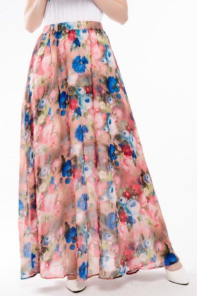 Floral Style Bohemian Imprimer Plissé Maxi jupe en mousseline pour les femmes - multicolore M