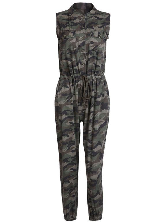 Chic Camouflage Printed V-Neck Sleeveless Waist Drawstring Jogger Jumpsuit For Women - multicolore S