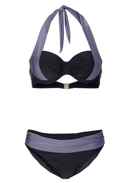 Halter Color Block taille haute Bikini Sexy Femmes - Noir et Gris L