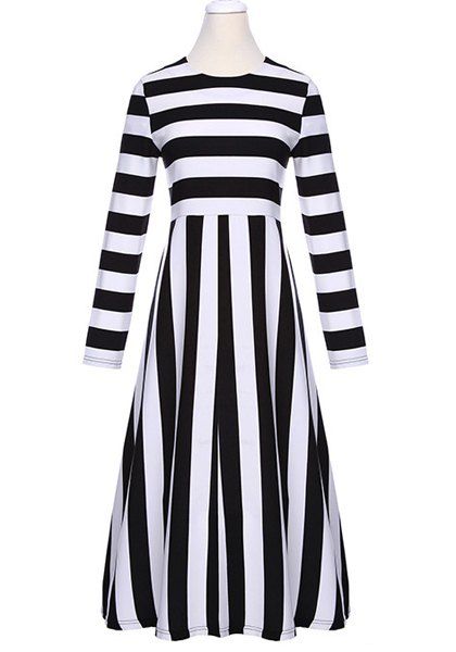 StylishJewel Neck Long Sleeve A-Line Dress For Women - Blanc et Noir 2XL