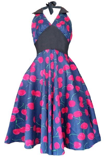Endearing Halter Cherry Print High Waist Midi Dress For Women - Bleu Violet M