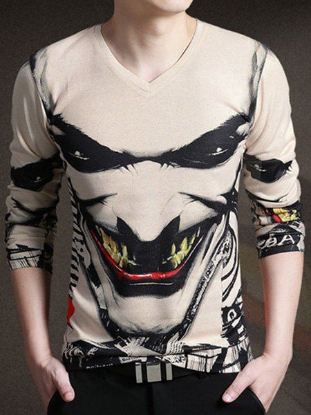 Élégant col en V 3D Le Joker Visage Imprimer T-shirt manches longues hommes - multicolore M