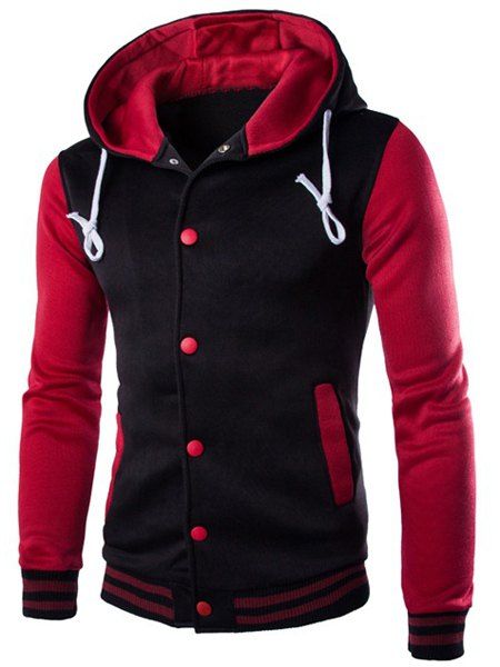 

Slim Fit Single Breasted Color Block Hoodie For Men, Wine red