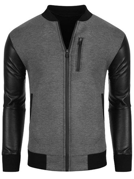 

Slim Fit Splicing PU Leather Stand Collar Zipper Jacket For Men, Gray