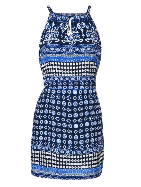 Style Ethnique Jewel Neck Robe sans manches de Printed Cut Out Femmes - Bleu S