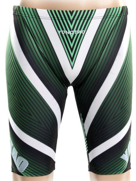 Elastic Waist Color Block Stripes Spliced Print Quick-Dry Boxers Men's Swimming Trunks - Vert L